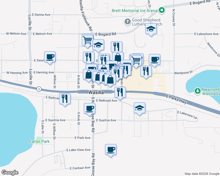 map of restaurants, bars, coffee shops, grocery stores, and more near 481 Alaska 3 in Wasilla