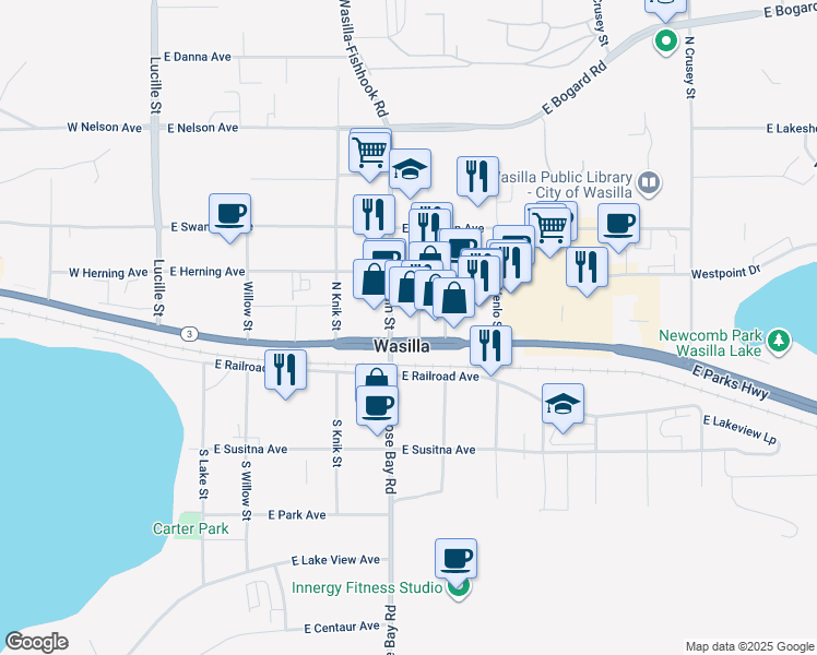 map of restaurants, bars, coffee shops, grocery stores, and more near 481 East Parks Highway in Wasilla