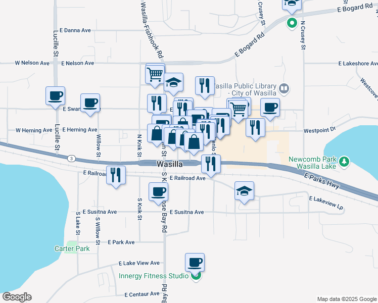 map of restaurants, bars, coffee shops, grocery stores, and more near  in Wasilla