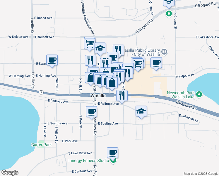 map of restaurants, bars, coffee shops, grocery stores, and more near 228 North Boundary Street in Wasilla