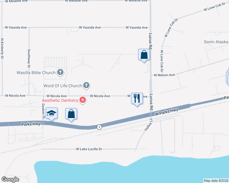 map of restaurants, bars, coffee shops, grocery stores, and more near 1401 West Nicola Avenue in Wasilla