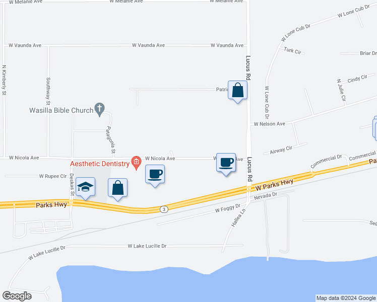 map of restaurants, bars, coffee shops, grocery stores, and more near 1401 West Nicola Avenue in Wasilla