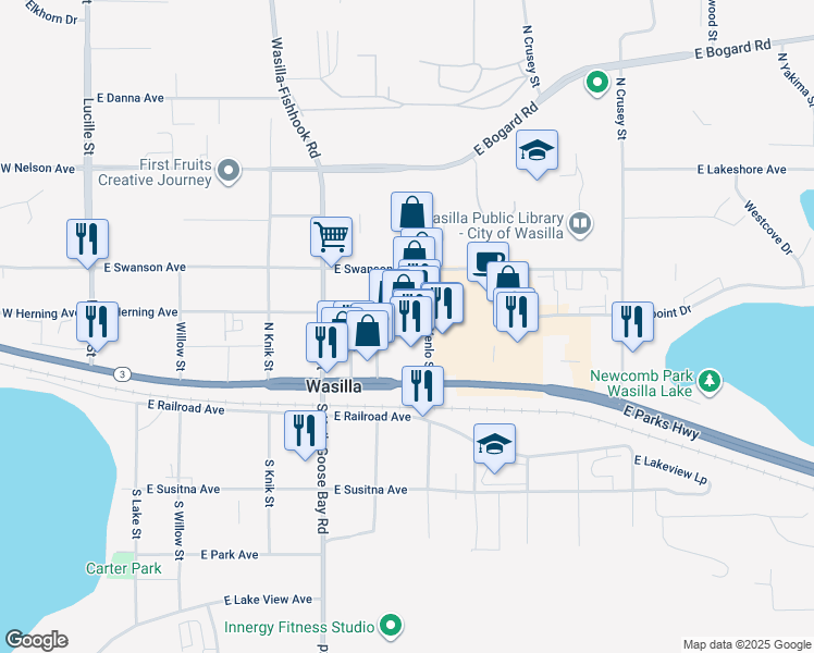map of restaurants, bars, coffee shops, grocery stores, and more near 505 East Herning Avenue in Wasilla