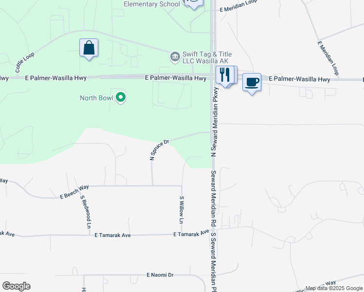 map of restaurants, bars, coffee shops, grocery stores, and more near 381 North Spruce Drive in Wasilla