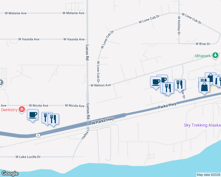 map of restaurants, bars, coffee shops, grocery stores, and more near 915 Airway Circle in Wasilla