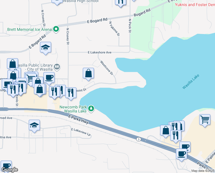 map of restaurants, bars, coffee shops, grocery stores, and more near 1072 Westpoint Drive in Wasilla