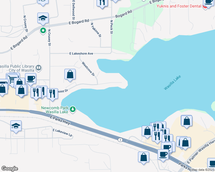 map of restaurants, bars, coffee shops, grocery stores, and more near 1168 Westpoint Drive in Wasilla