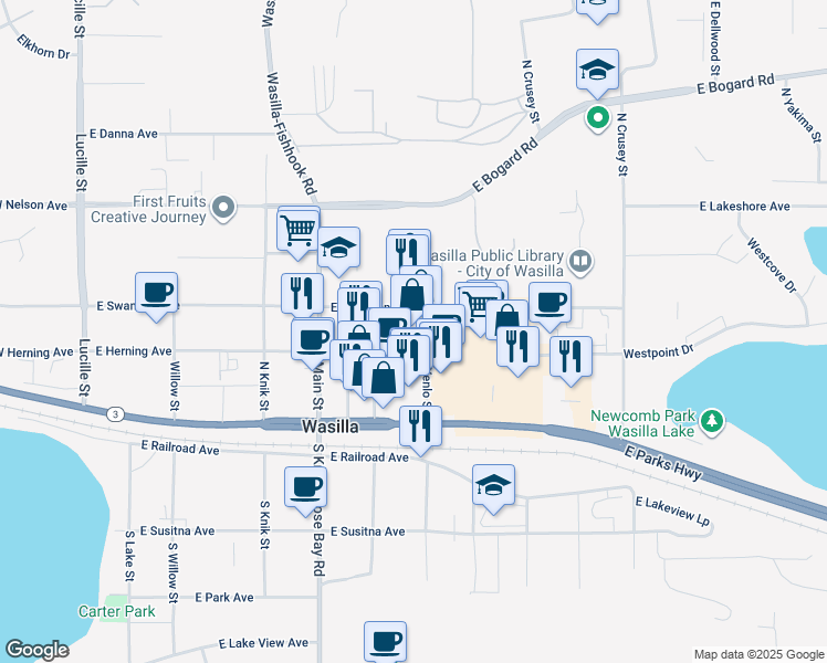 map of restaurants, bars, coffee shops, grocery stores, and more near 505 East Herning Avenue in Wasilla