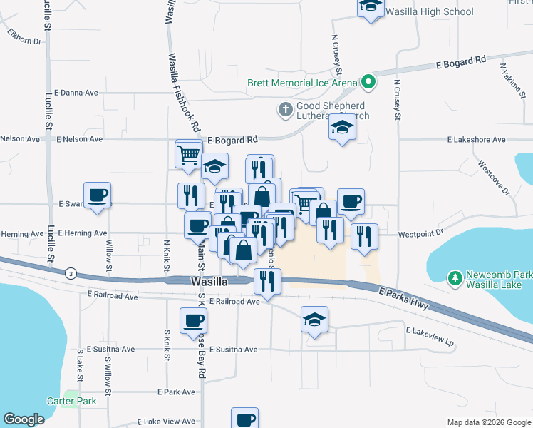 map of restaurants, bars, coffee shops, grocery stores, and more near 368 North Yenlo Street in Wasilla