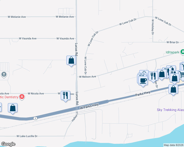 map of restaurants, bars, coffee shops, grocery stores, and more near 915 Airway Circle in Wasilla