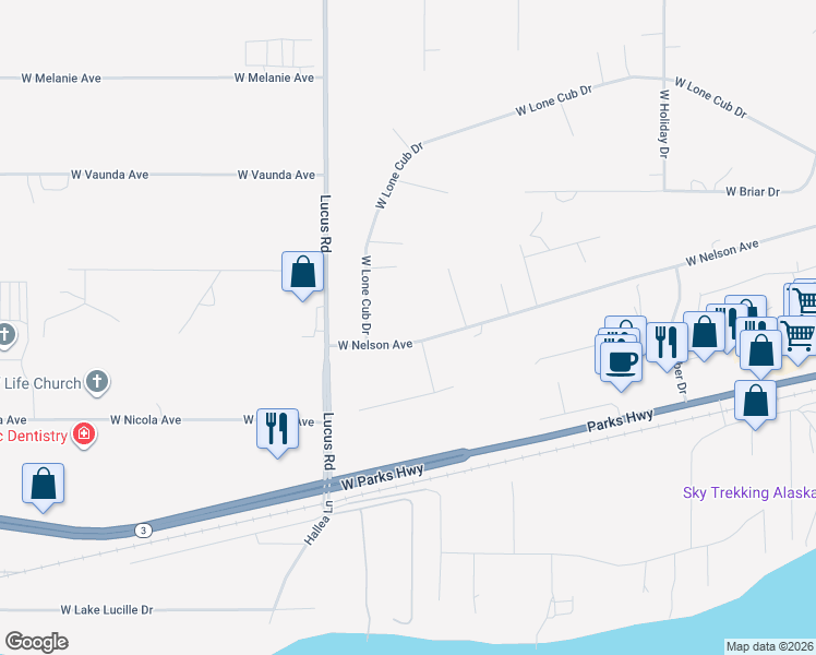 map of restaurants, bars, coffee shops, grocery stores, and more near 915 Airway Circle in Wasilla