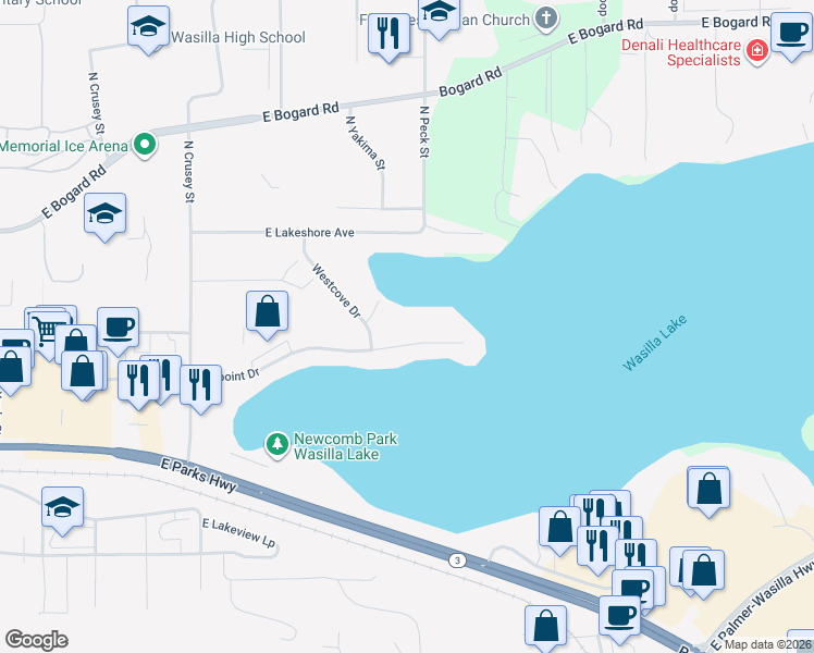 map of restaurants, bars, coffee shops, grocery stores, and more near 1167 Westpoint Drive in Wasilla