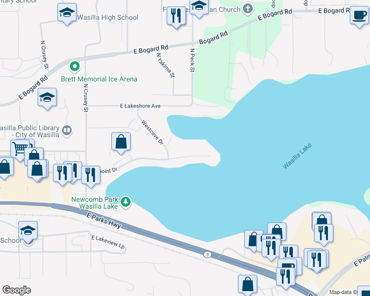 map of restaurants, bars, coffee shops, grocery stores, and more near 1168 Westpoint Drive in Wasilla