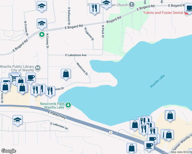 map of restaurants, bars, coffee shops, grocery stores, and more near 1168 Westpoint Drive in Wasilla