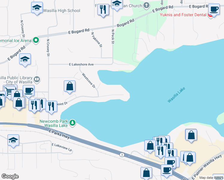 map of restaurants, bars, coffee shops, grocery stores, and more near 1191 Westpoint Drive in Wasilla
