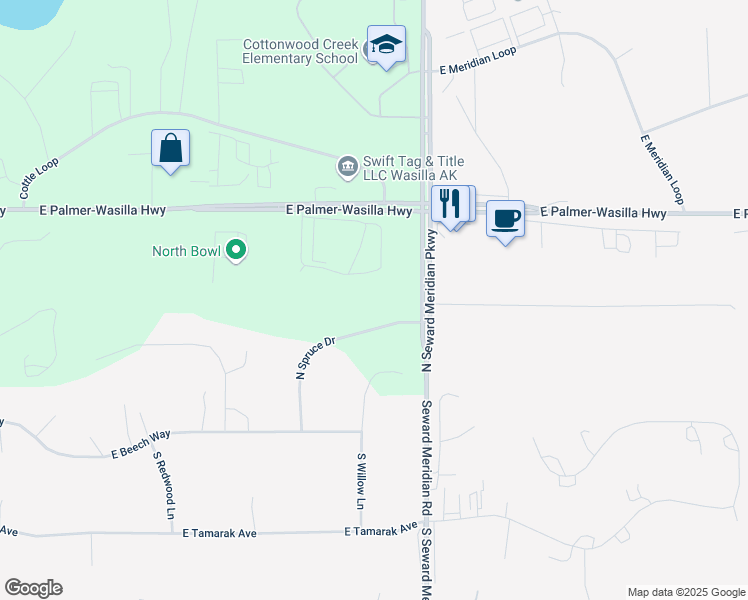 map of restaurants, bars, coffee shops, grocery stores, and more near 381 North Spruce Drive in Wasilla