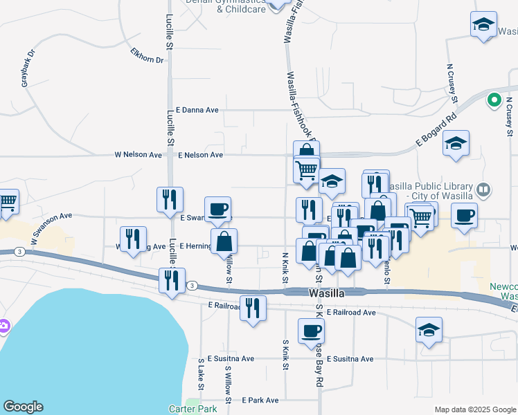 map of restaurants, bars, coffee shops, grocery stores, and more near 261-291 Paulson Avenue in Wasilla