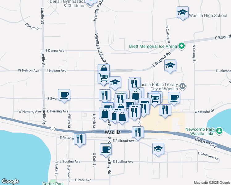 map of restaurants, bars, coffee shops, grocery stores, and more near 501 Main Street in Wasilla
