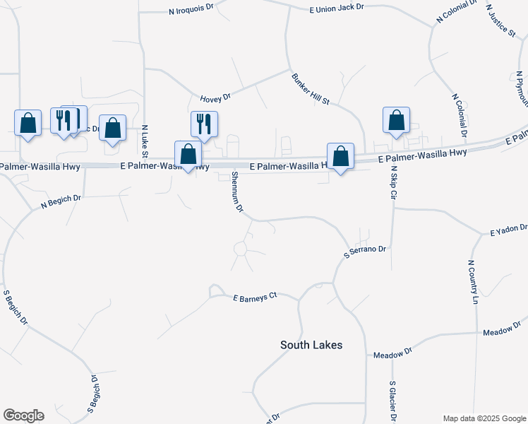 map of restaurants, bars, coffee shops, grocery stores, and more near 5101 Shennum Drive in Wasilla