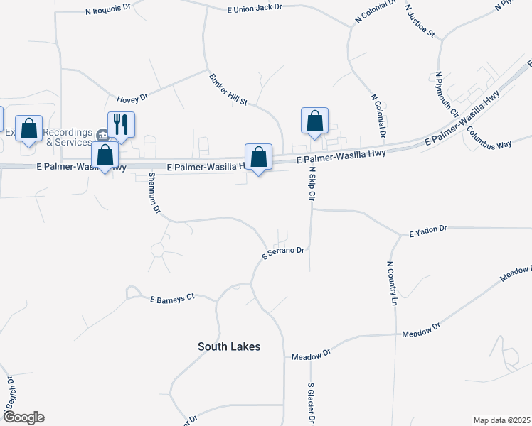 map of restaurants, bars, coffee shops, grocery stores, and more near 5261 Shennum Drive in Wasilla