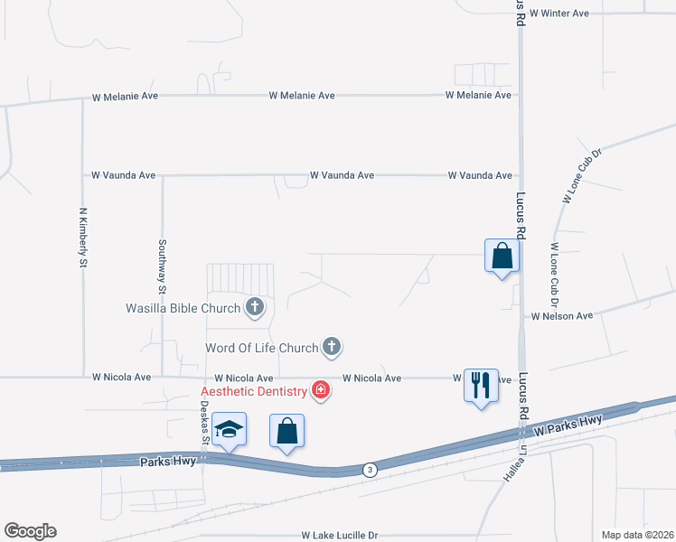 map of restaurants, bars, coffee shops, grocery stores, and more near 515 North Becca Circle in Wasilla