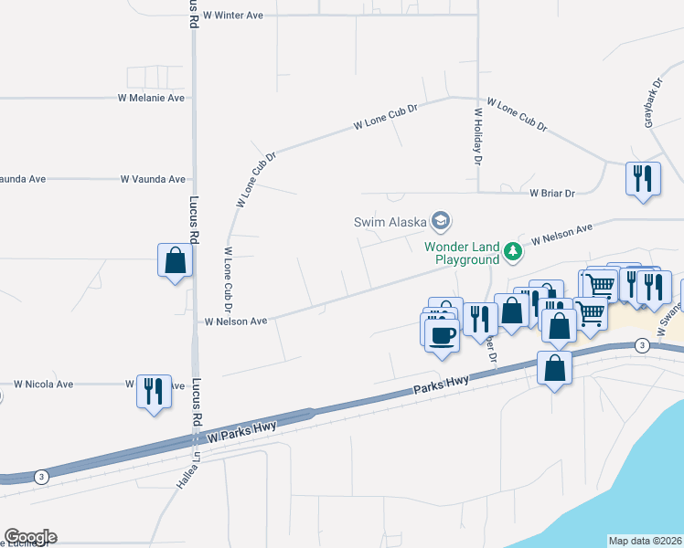 map of restaurants, bars, coffee shops, grocery stores, and more near 875 West Nelson Avenue in Wasilla