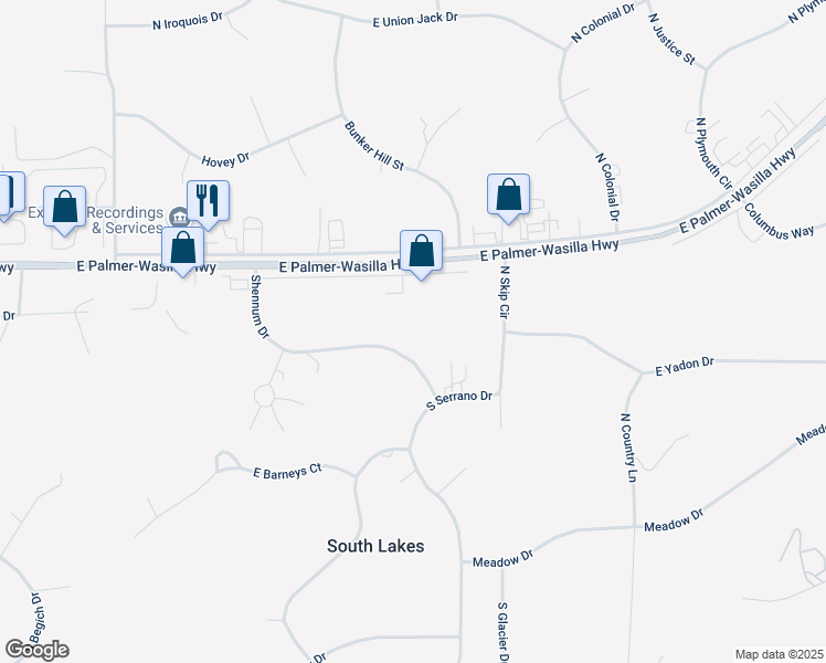 map of restaurants, bars, coffee shops, grocery stores, and more near 5261 Shennum Drive in Wasilla