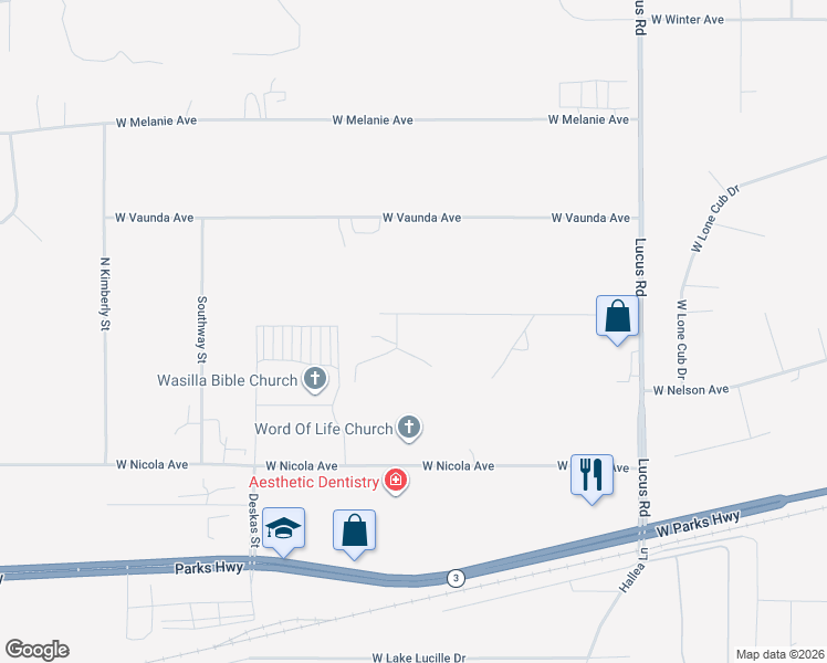 map of restaurants, bars, coffee shops, grocery stores, and more near 515 North Becca Circle in Wasilla