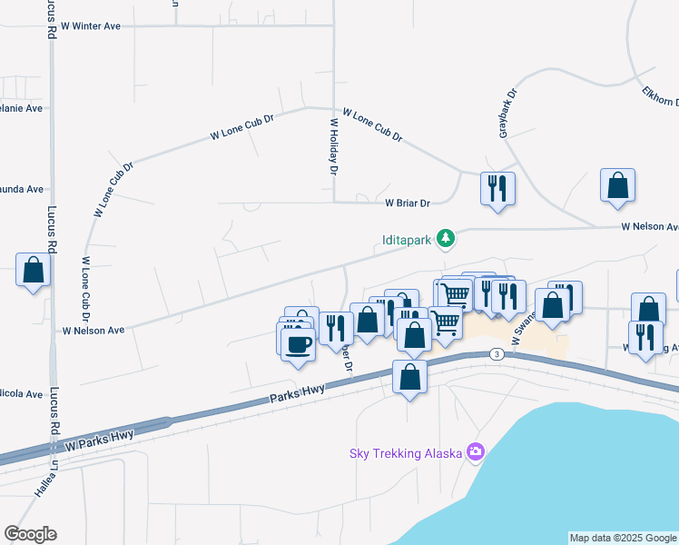 map of restaurants, bars, coffee shops, grocery stores, and more near 550 North Weber Drive in Wasilla