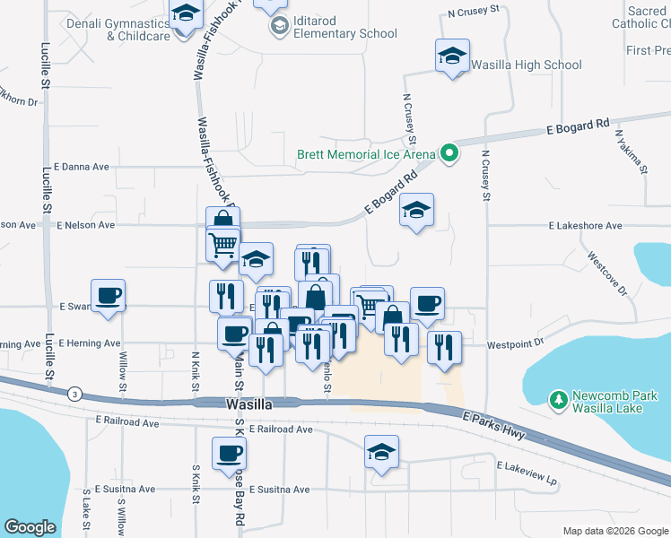 map of restaurants, bars, coffee shops, grocery stores, and more near 449 North Yenlo Street in Wasilla