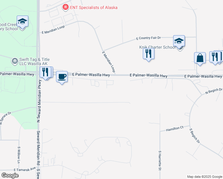 map of restaurants, bars, coffee shops, grocery stores, and more near 4004 Steven Drive in Wasilla