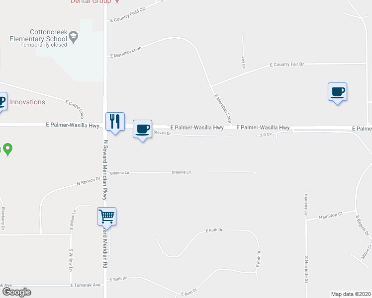 map of restaurants, bars, coffee shops, grocery stores, and more near 3800 Steven Drive in Wasilla