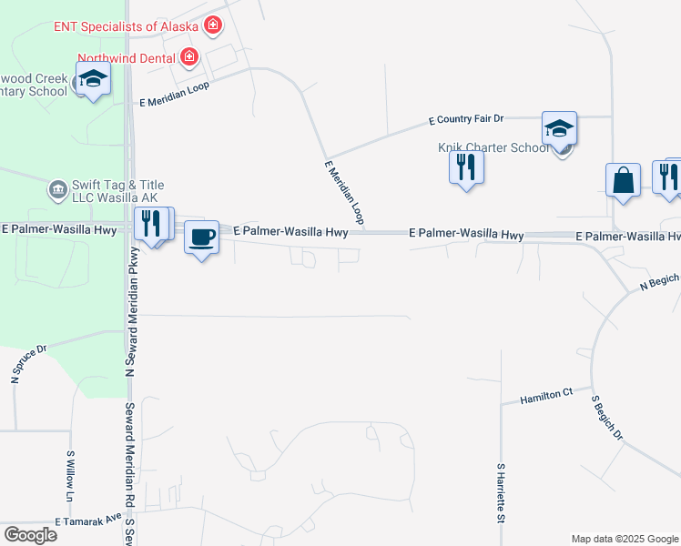 map of restaurants, bars, coffee shops, grocery stores, and more near 4008 Steven Drive in Wasilla