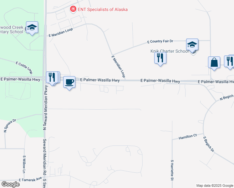map of restaurants, bars, coffee shops, grocery stores, and more near 4008 Steven Drive in Wasilla
