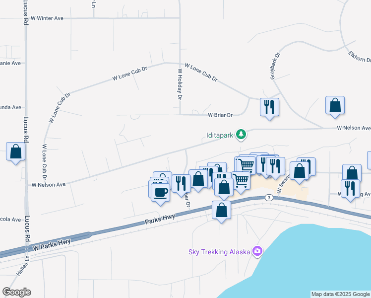 map of restaurants, bars, coffee shops, grocery stores, and more near West Nelson Avenue & North Weber Drive in Wasilla