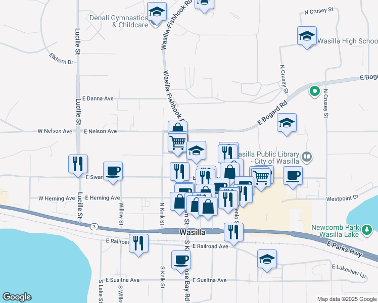 map of restaurants, bars, coffee shops, grocery stores, and more near 501 Main St in Wasilla