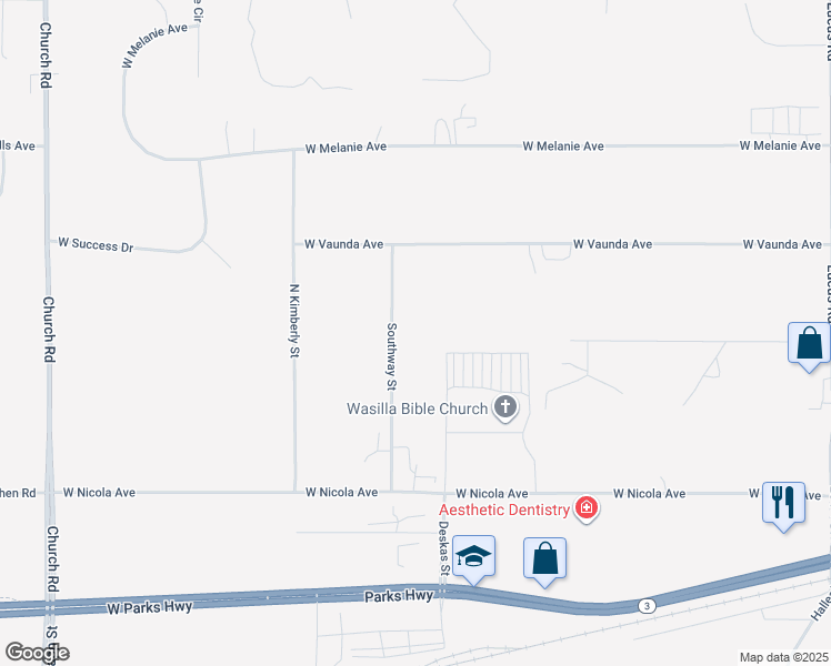 map of restaurants, bars, coffee shops, grocery stores, and more near 525 Southway Street in Wasilla