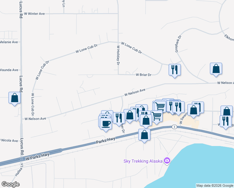 map of restaurants, bars, coffee shops, grocery stores, and more near 550 North Weber Drive in Wasilla