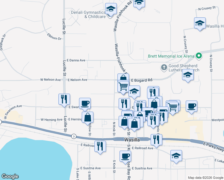 map of restaurants, bars, coffee shops, grocery stores, and more near 520 North Knik Street in Wasilla