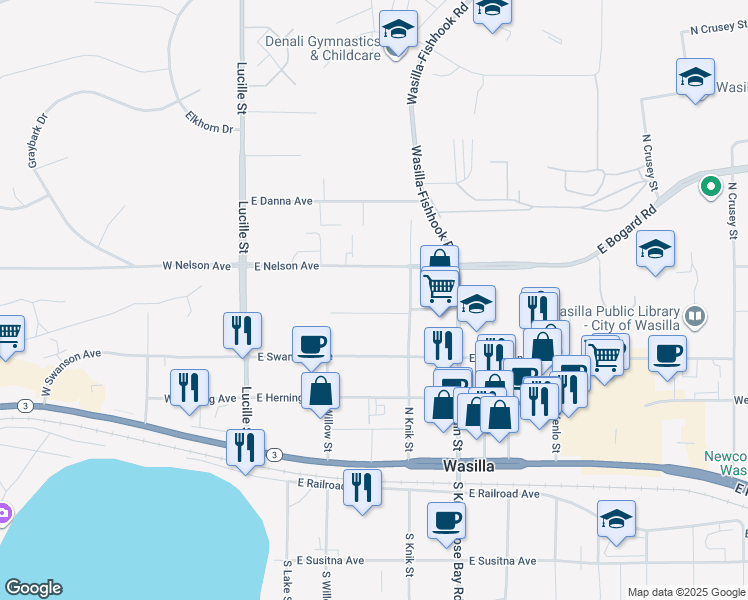 map of restaurants, bars, coffee shops, grocery stores, and more near 261 Paulson Avenue in Wasilla