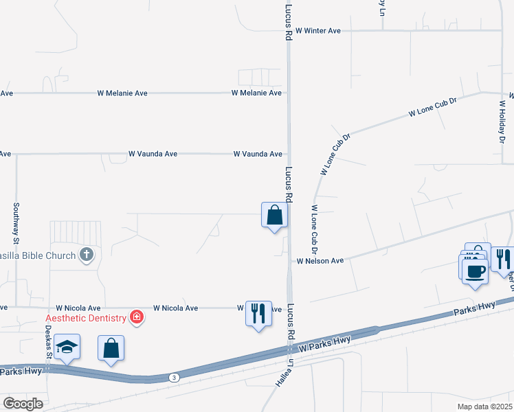 map of restaurants, bars, coffee shops, grocery stores, and more near 1201 Patricia Avenue in Wasilla