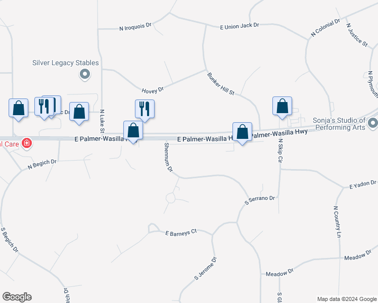map of restaurants, bars, coffee shops, grocery stores, and more near 5101 Shennum Drive in Wasilla