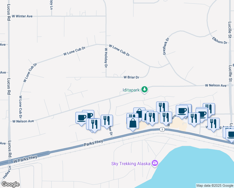 map of restaurants, bars, coffee shops, grocery stores, and more near 601 West Nelson Avenue in Wasilla