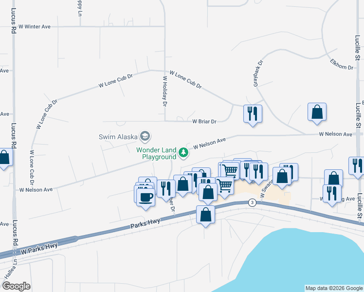 map of restaurants, bars, coffee shops, grocery stores, and more near 601 West Nelson Avenue in Wasilla