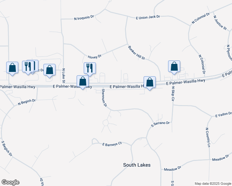 map of restaurants, bars, coffee shops, grocery stores, and more near 5100 Dunbar Drive in Wasilla