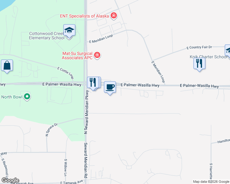 map of restaurants, bars, coffee shops, grocery stores, and more near 3720 Steven Drive in Wasilla