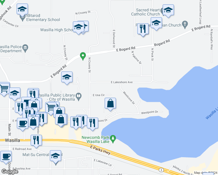 map of restaurants, bars, coffee shops, grocery stores, and more near 973 East Usa Circle in Wasilla