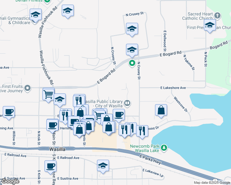 map of restaurants, bars, coffee shops, grocery stores, and more near 650 East Bogard Road in Wasilla