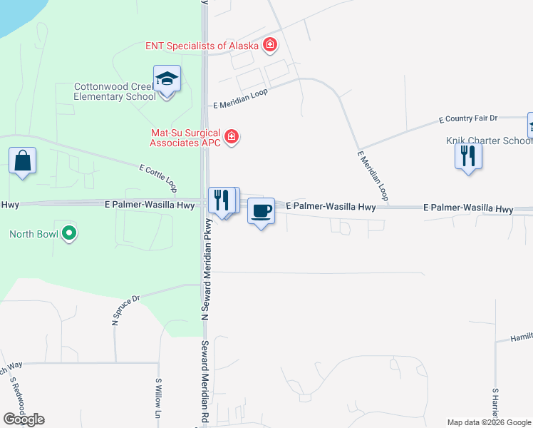 map of restaurants, bars, coffee shops, grocery stores, and more near Steven Drive in Wasilla