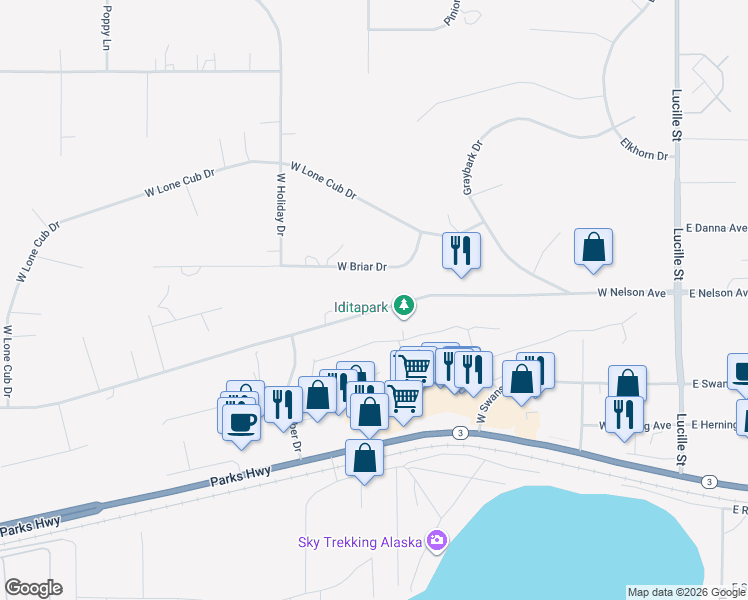 map of restaurants, bars, coffee shops, grocery stores, and more near 500 Briar Drive in Wasilla